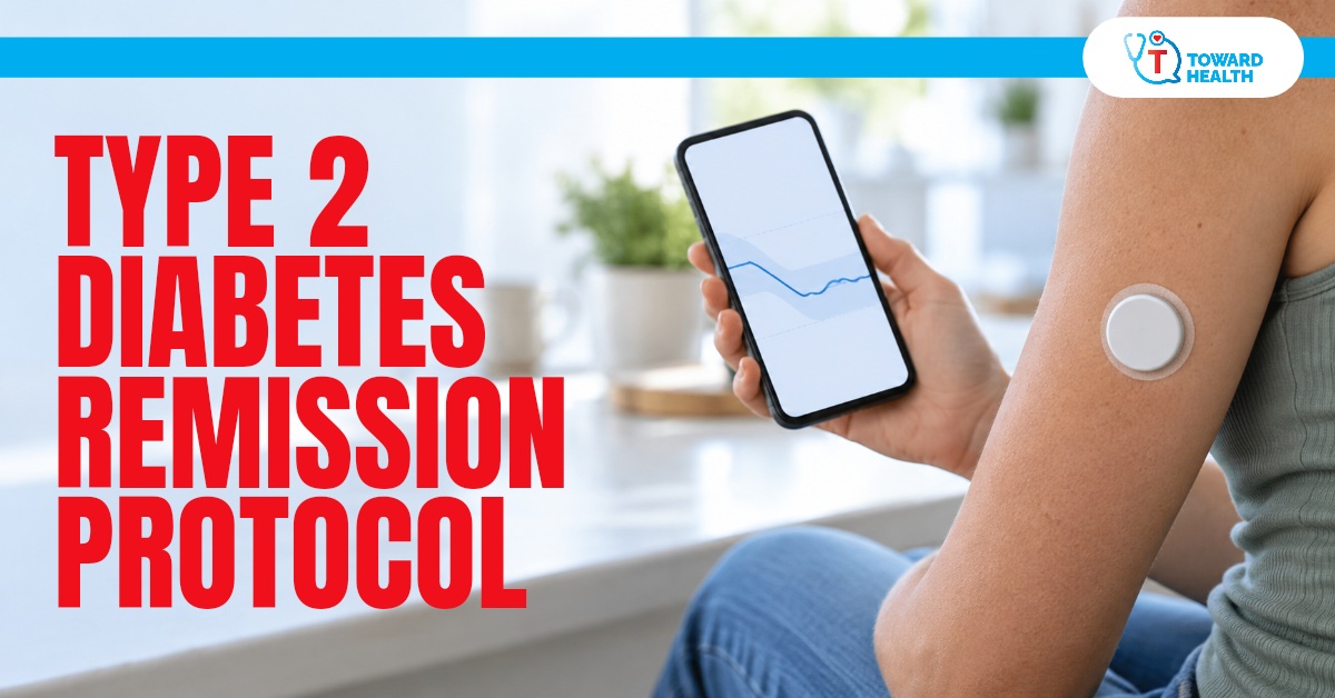 Type 2 Diabetes Remission Protocol in red beside a person viewing an illustrative glucose trend on a phone, with Toward Health logo